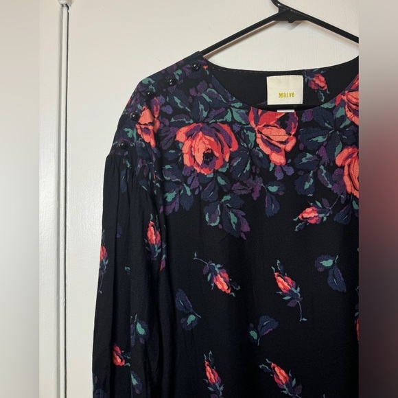 Anthropologie Maeve Gardenia Black Pink Purple Floral Linen Blend Blouse Top XS - Picture 5 of 16